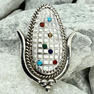 Signed Bowekaty Sterling Zuni Corn Pin Pendant White Shell Multi-Gemstone Inlay